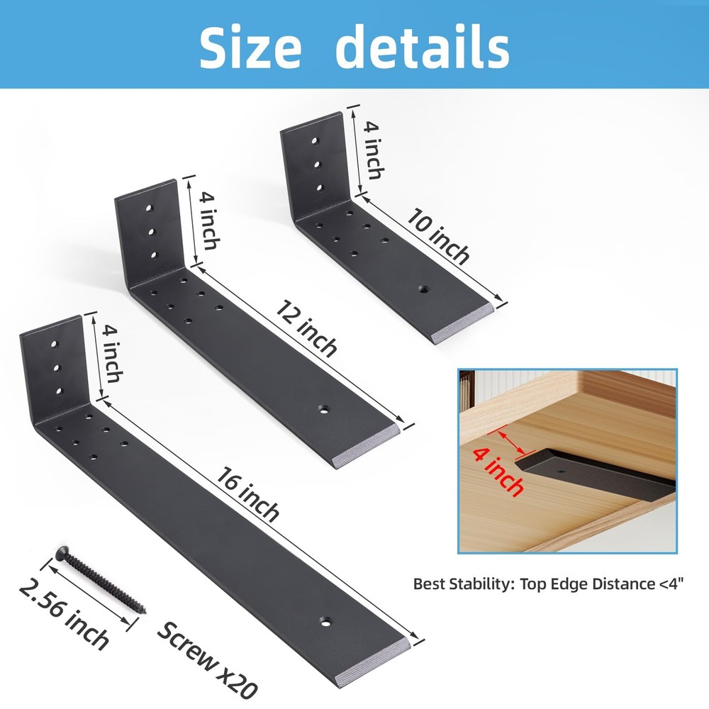 WEKIS 10 Inch Countertop Support Bracket, 3 Pack Solid Iron 10Inch, Black