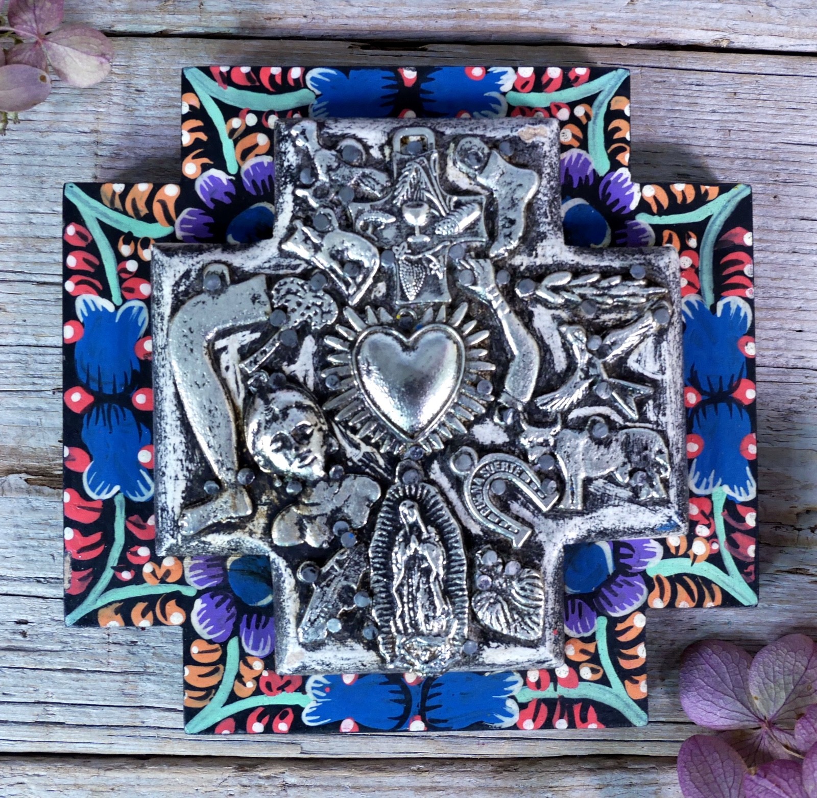 Greek Cross Wood Milagros Hand Painted Floral Boarder Handmade Mexican Folk Art