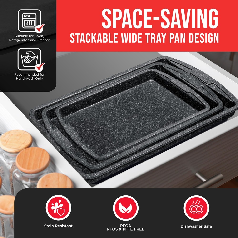 Gray Marble Nonstick Bakeware Set 3 Piece Professional Quality Cookie Sheets