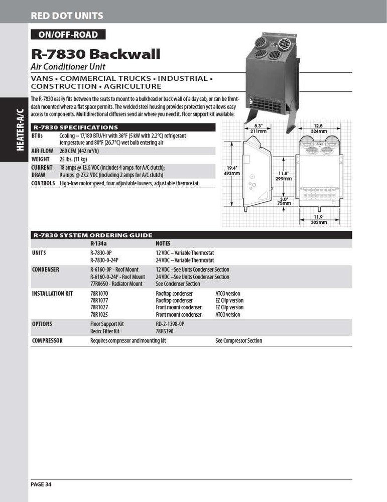 Red Dot AC Evaporator Unit 12v Wall Mount R-7830-0P
