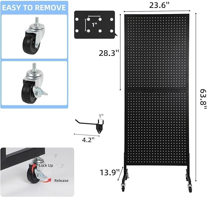 2'x5' Standing Pegboard Display with T-Base & Wheels, Extra 10 Hooks - Blac