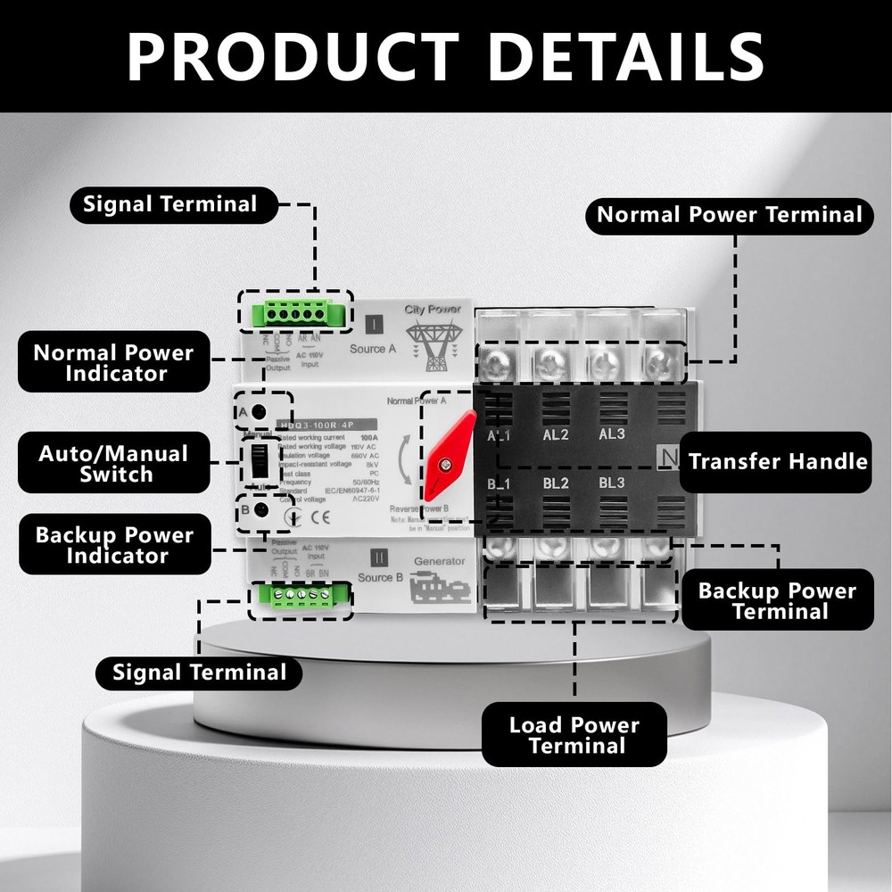 Mini ATS Automatic/Manual Transfer Switch 4P 100A AC110V W2R...