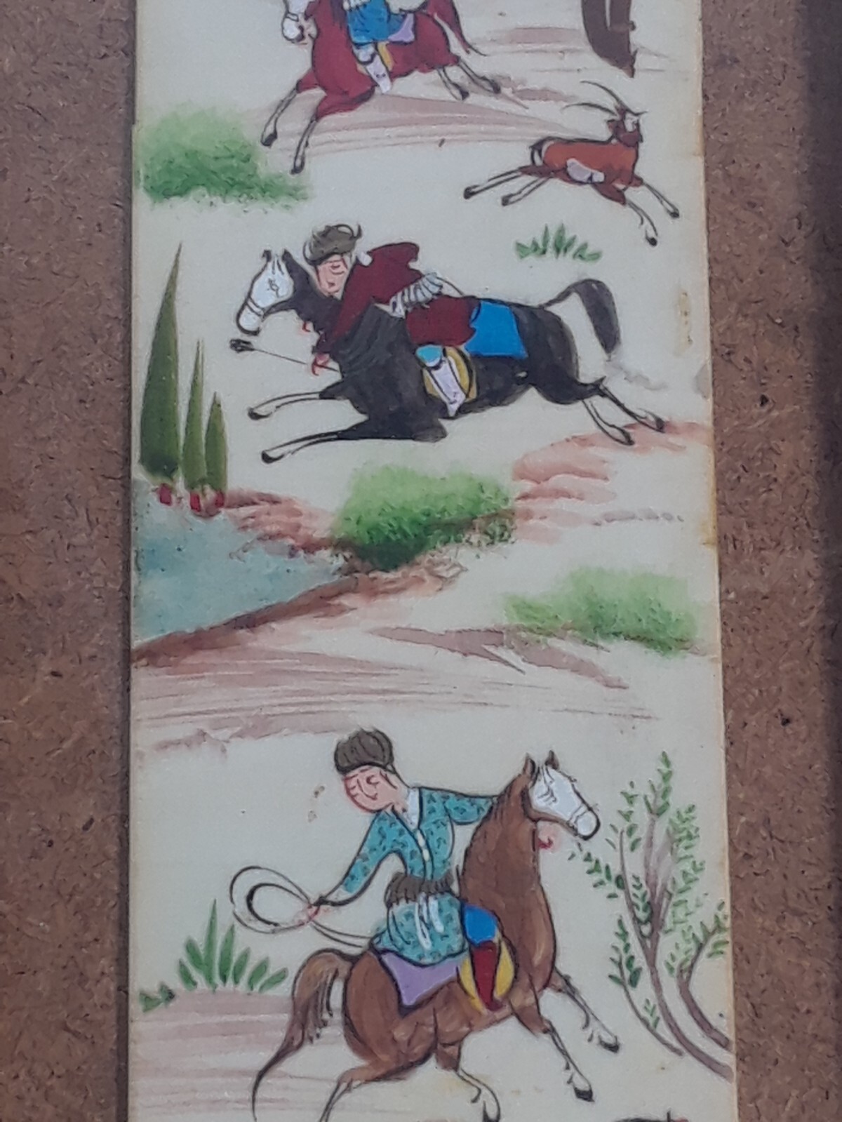 Chinese Scroll Warrior Horses Enamel and Wood Frame 19 3/8 x 5.5