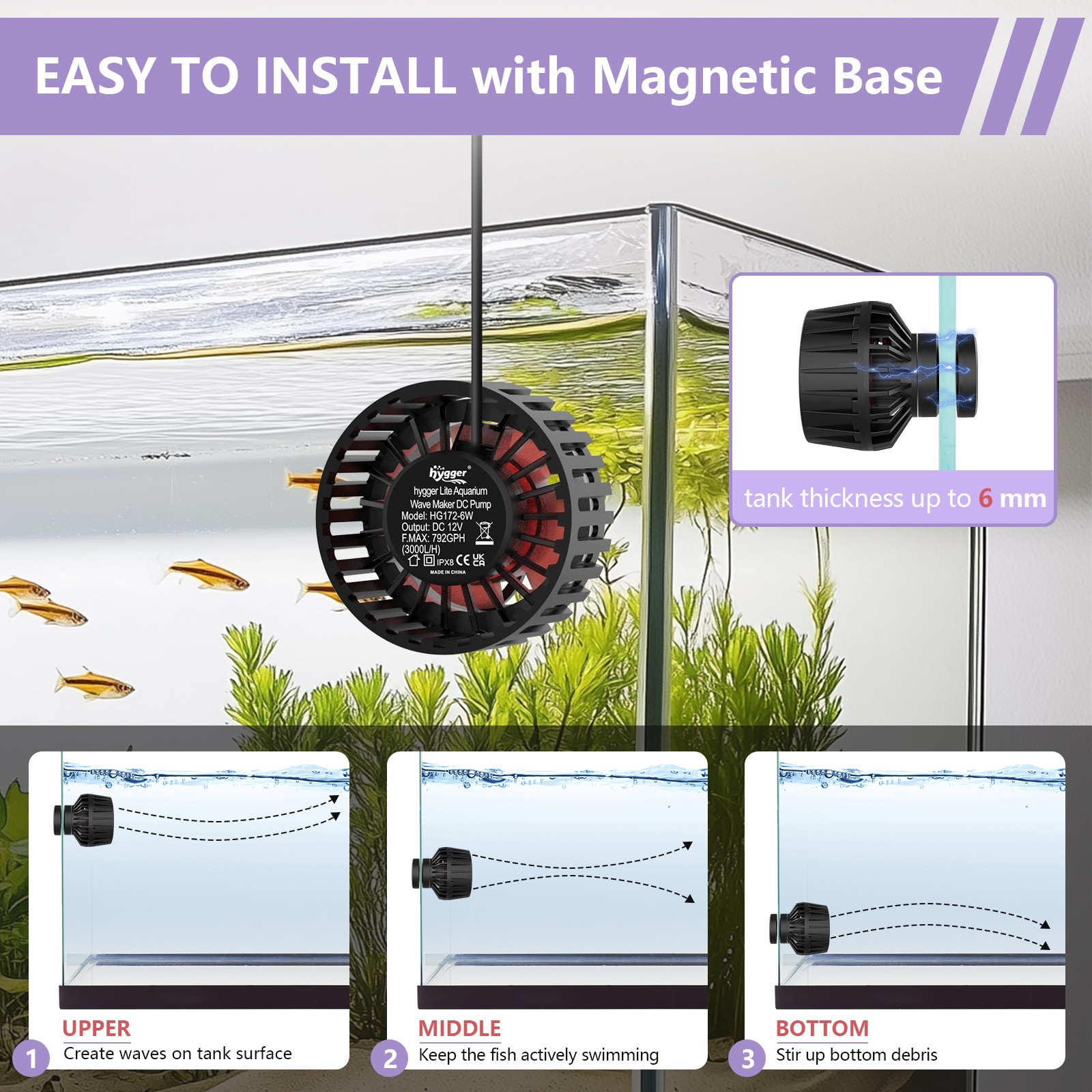 hygger 792/2114GPH Aquarium Wave Maker DC 24V Powerhead with Magnetic Mounting