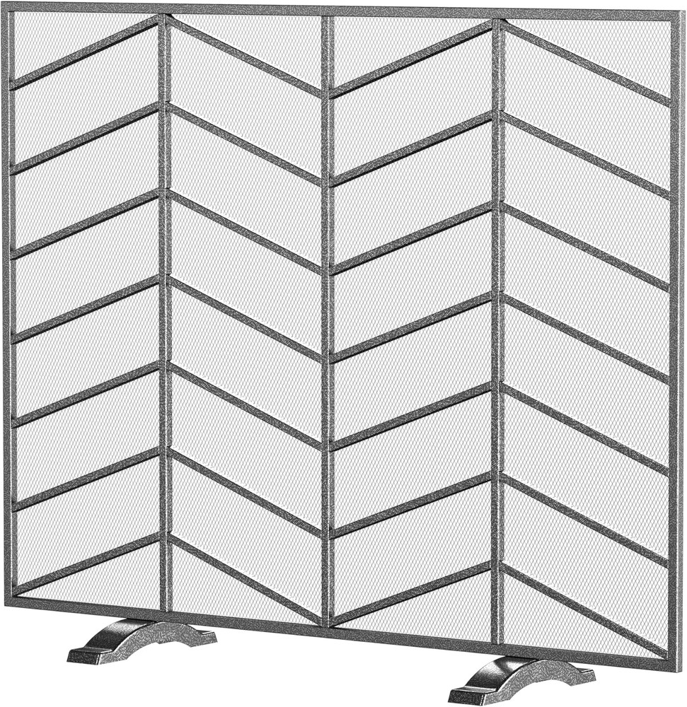 Single Panel Handcrafted Wrought Iron Mesh Chevron Fireplace Screen, Fire Spark