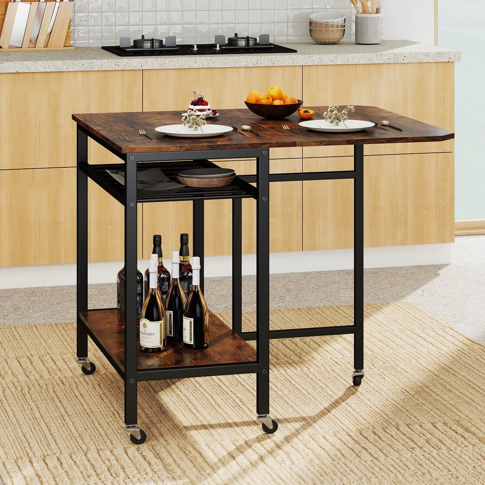 Folding Dining Table Movable Kitchen Table with Wine Rack Storage Shelf & Wheels