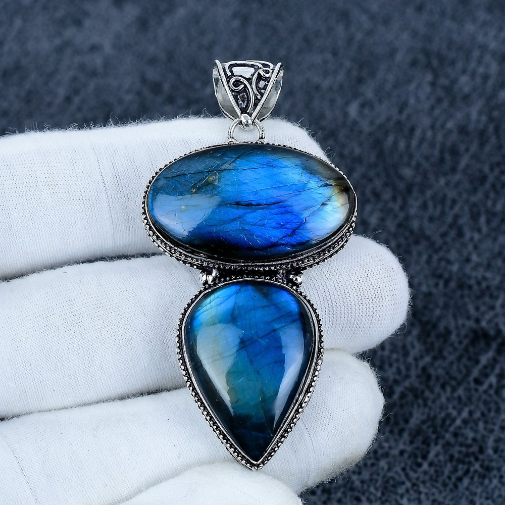 Handmade Double Labradorite 925 Sterling Silver Pendant, Boho Statement Gift