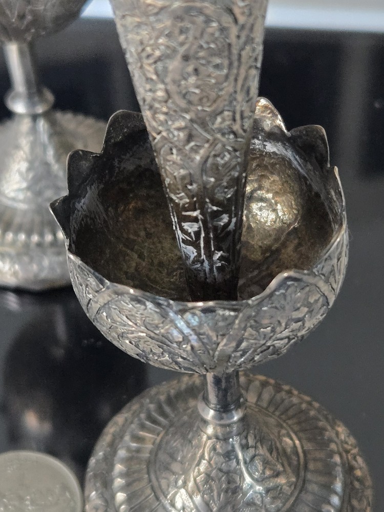 Pair Of Antique Solid Silver India Kashmir Vase