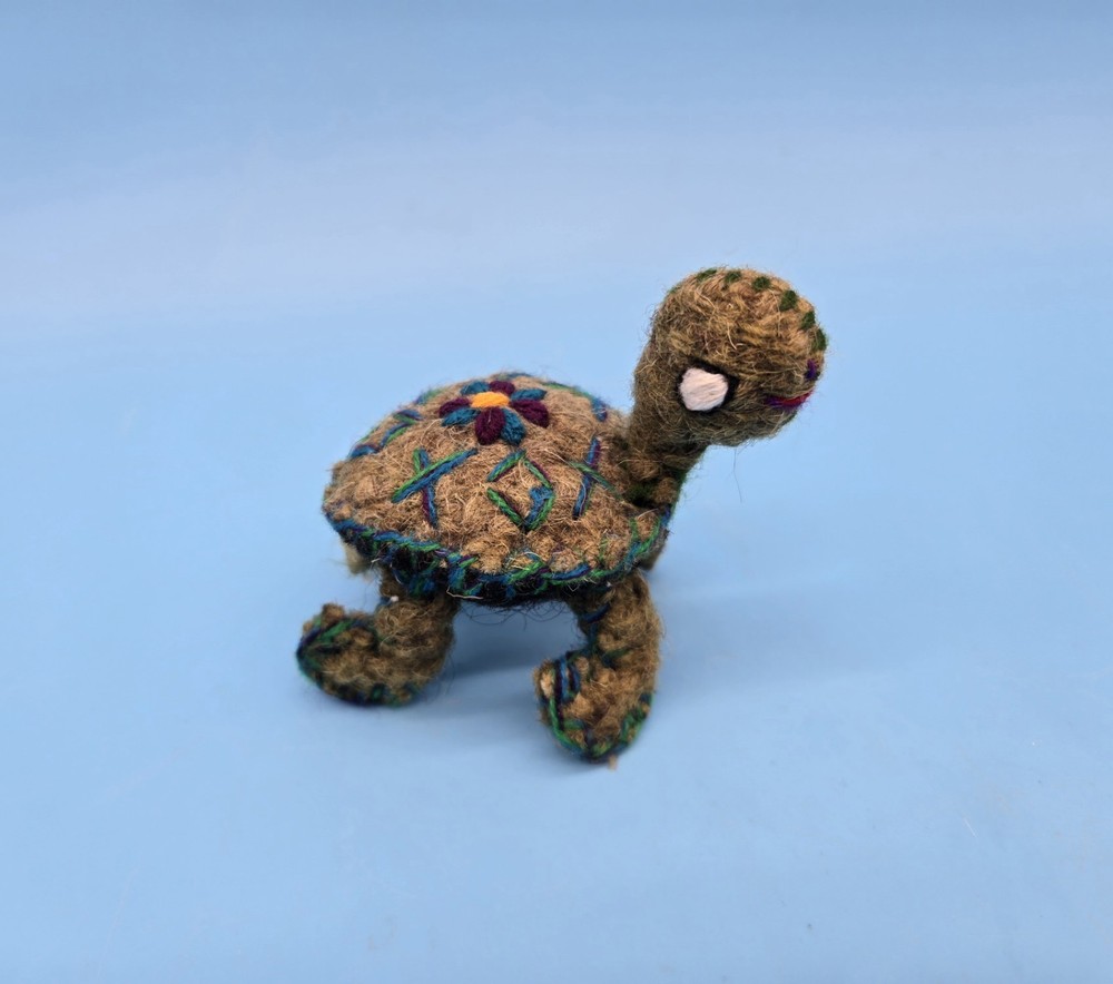 Tiny Felted Wool Turtle Figurine With Flower Handmade