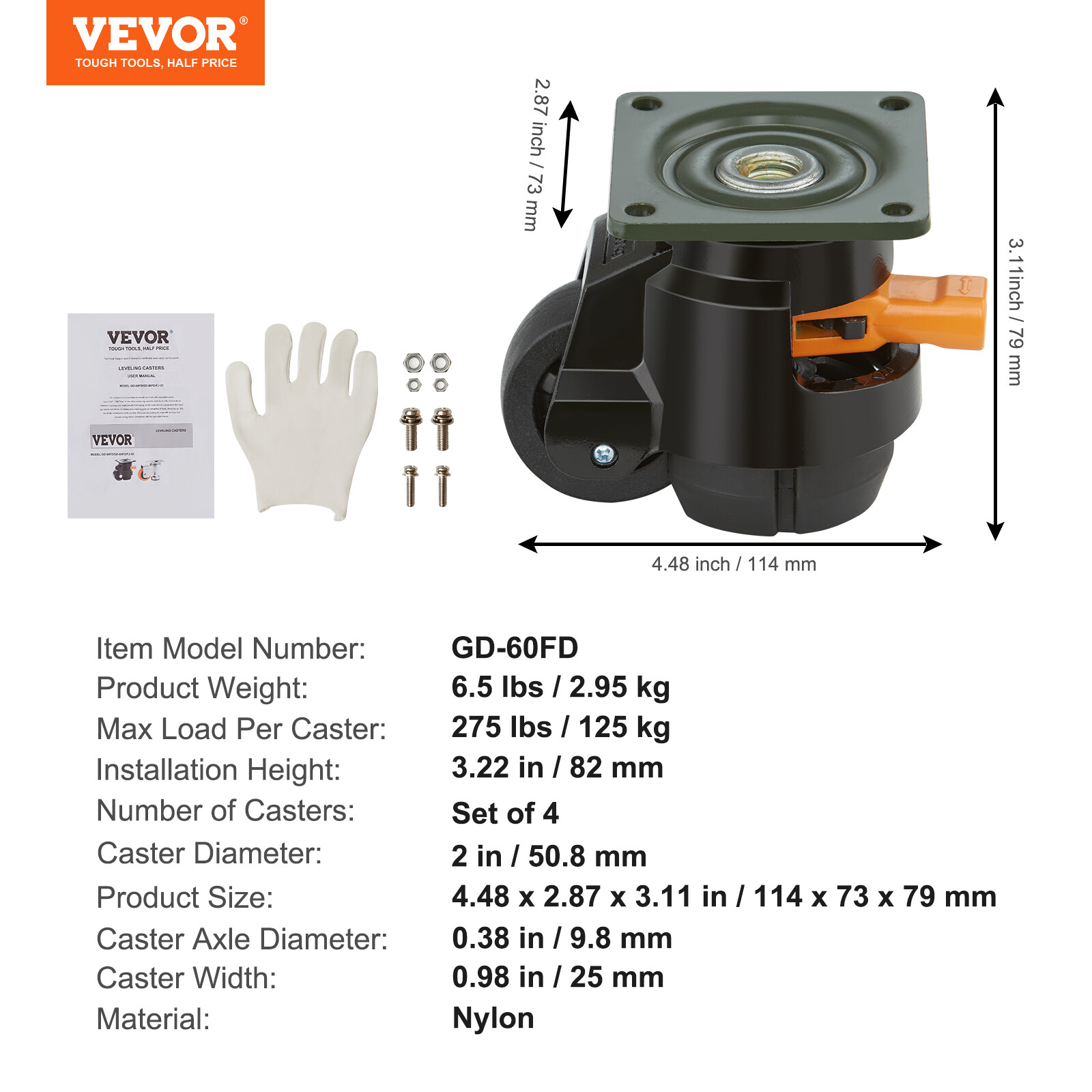 VEVOR Leveling Casters Adjustable Nylon Plate Mounted Caster 1100 lbs Set of 4