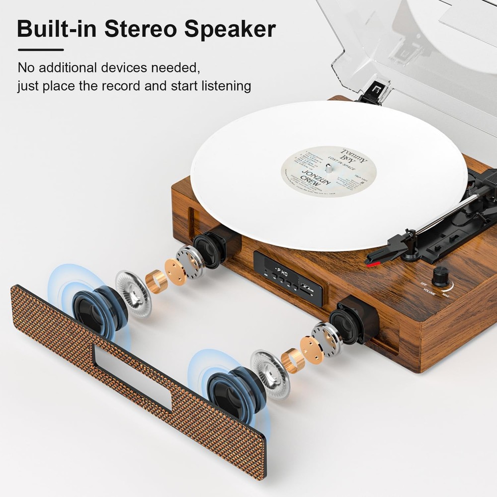Bluetooth Record Player - 3 Speed Turntable with Built-In Speaker USB Recording