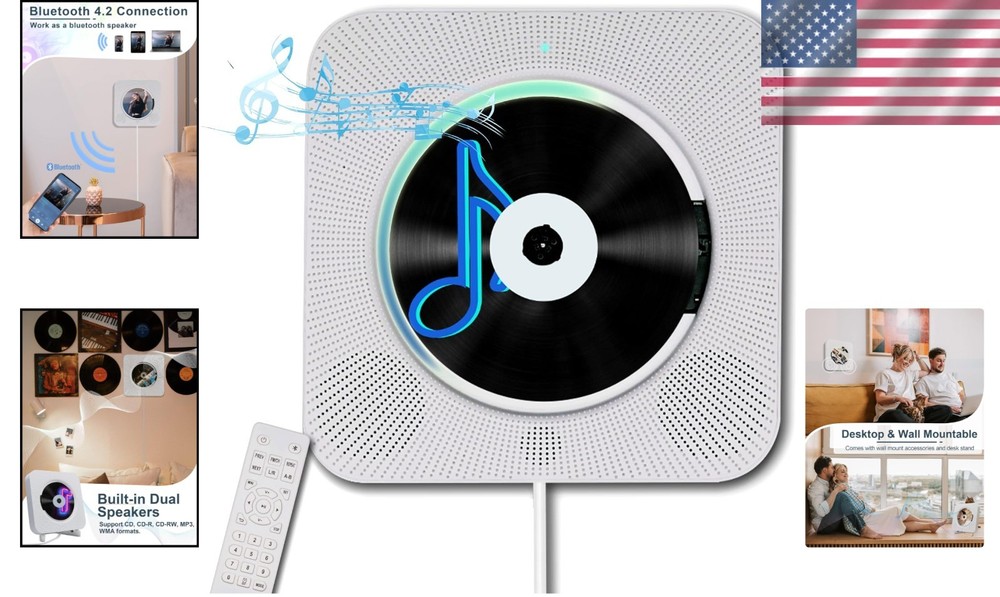 Portable Wall-Mounted Bluetooth CD Player with HiFi Speakers & Remote Control