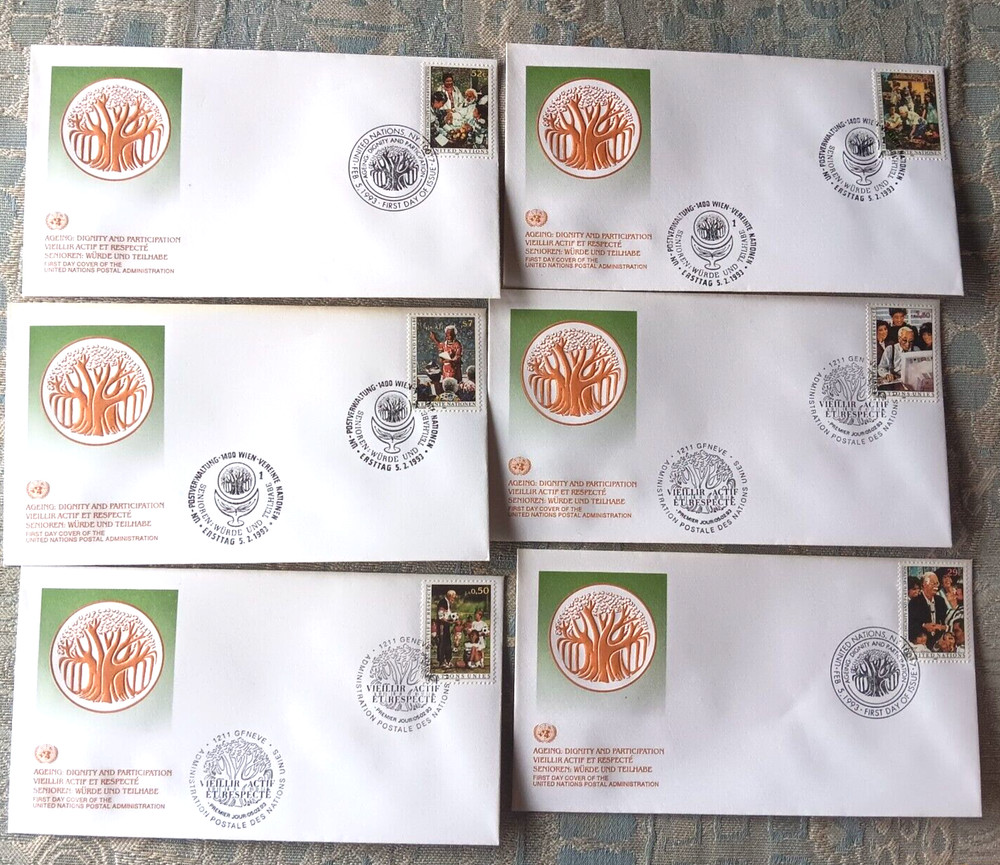 AGING WITH RESPECT 1993 UNITED NATIONS  COMPLETE  SET 6  FDCS UNADD