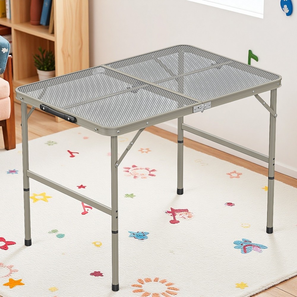 3ft Folding Camping Wire Mesh Table - Adjustable Aluminum Frame Picnic Dark Gray