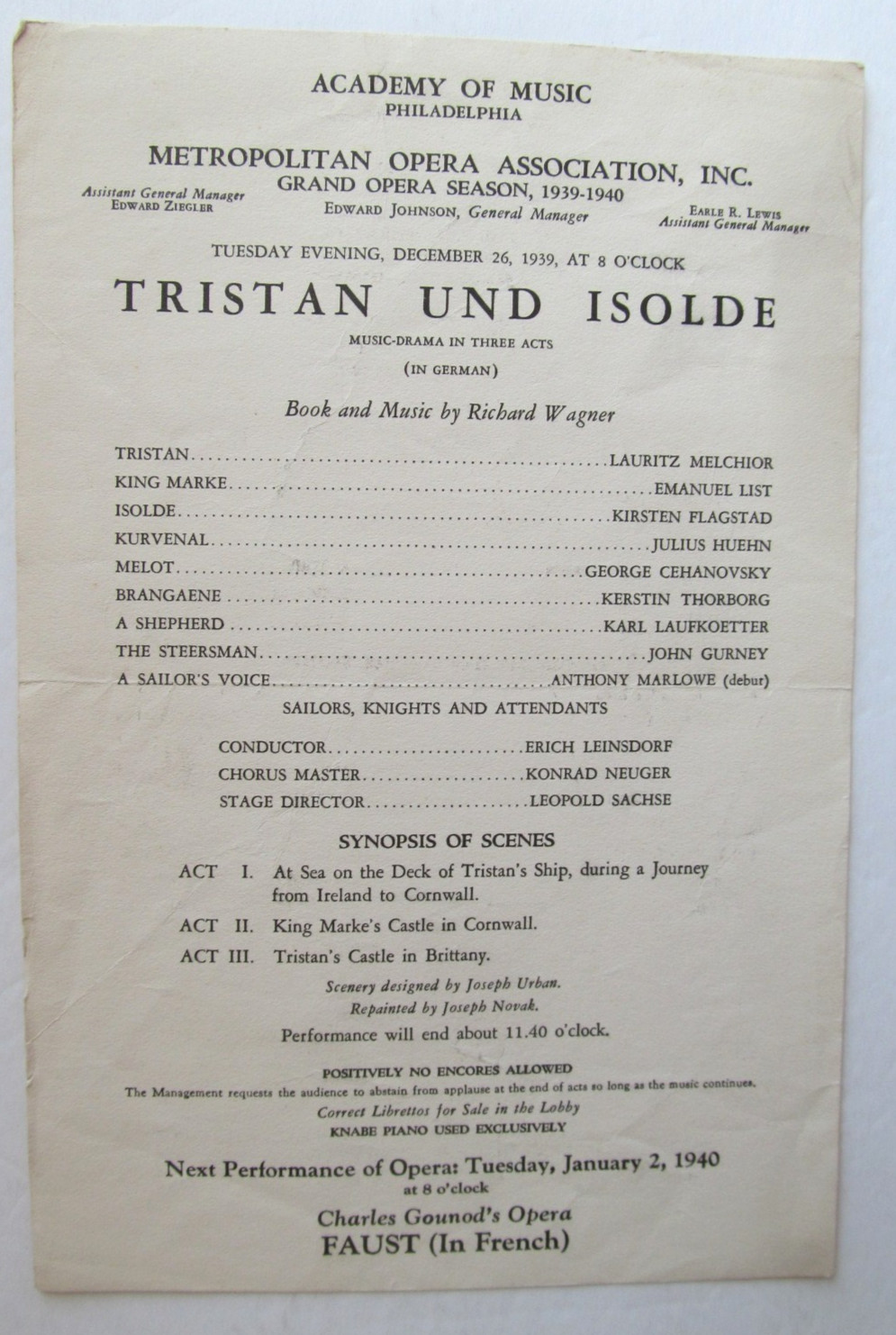 Program- Tristan und Isolde - 1939 - Met Opera Philadelphia- Flagstad, Melchior