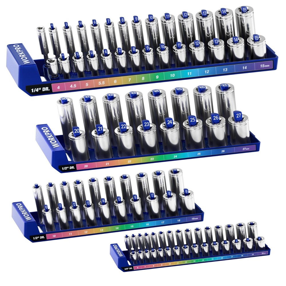 WORKPRO 4PC/8PC Socket Organizer Set Socket Holder Tray 1/4" 3/8" 1/2 SAE/Metric