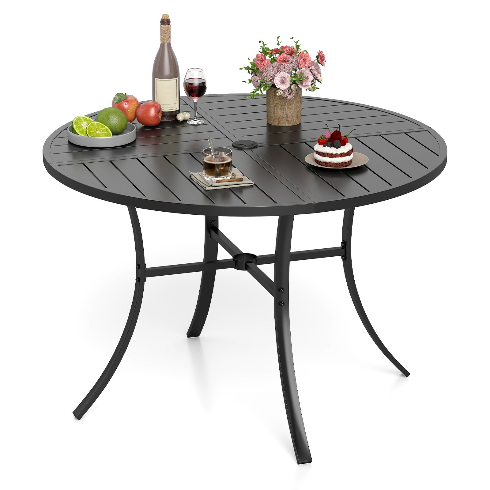 Patio Dining Table, 42.5" Round Metal Slat Table with Umbrella Hole, Outdoor