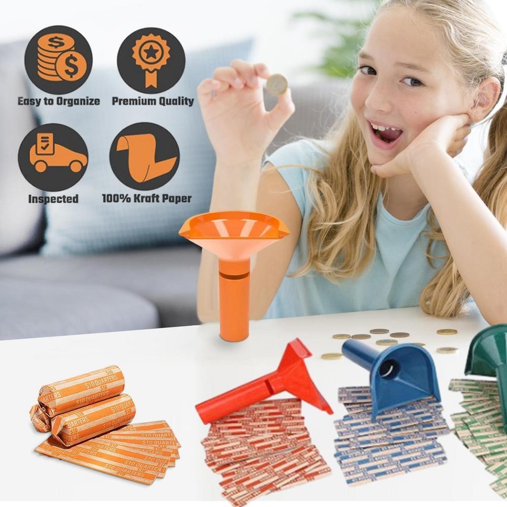 4Pc Coin Counters & Coin Sorters Tubes Bundle of 4 Color-Coded Assorted Wrappers