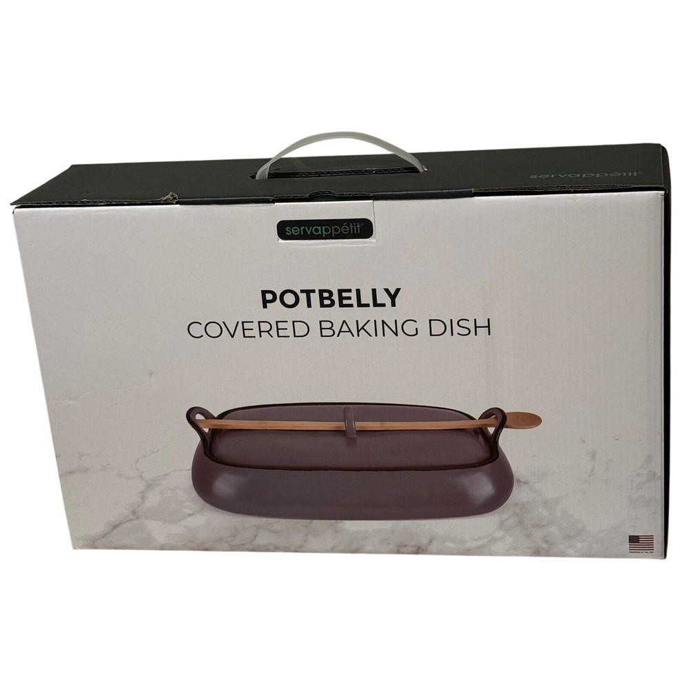 Servappetit Potbelly Covered Baking Dish Ceramic Casserole with Wood Spoon New