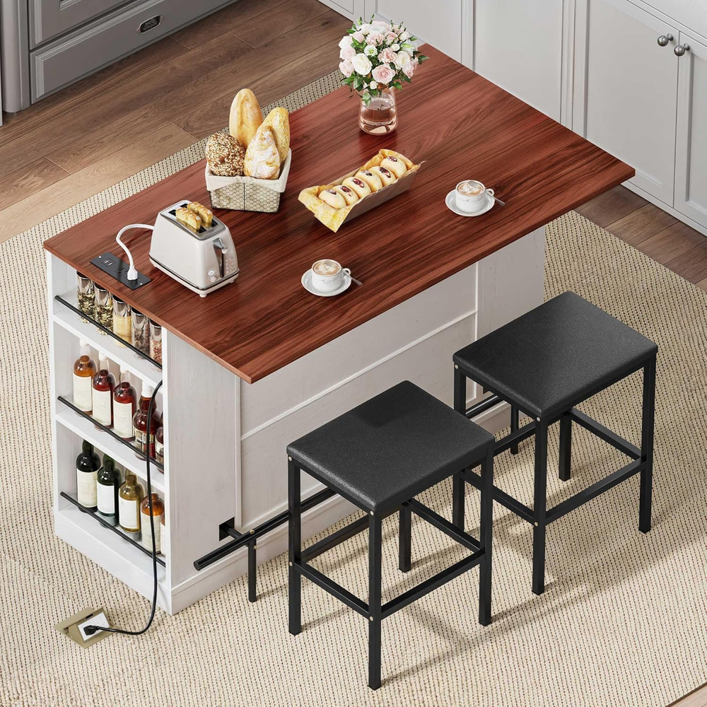 Walnut Kitchen Island Cart with Drop Leaf, Stools & Power Outlet - 3 PCS Set