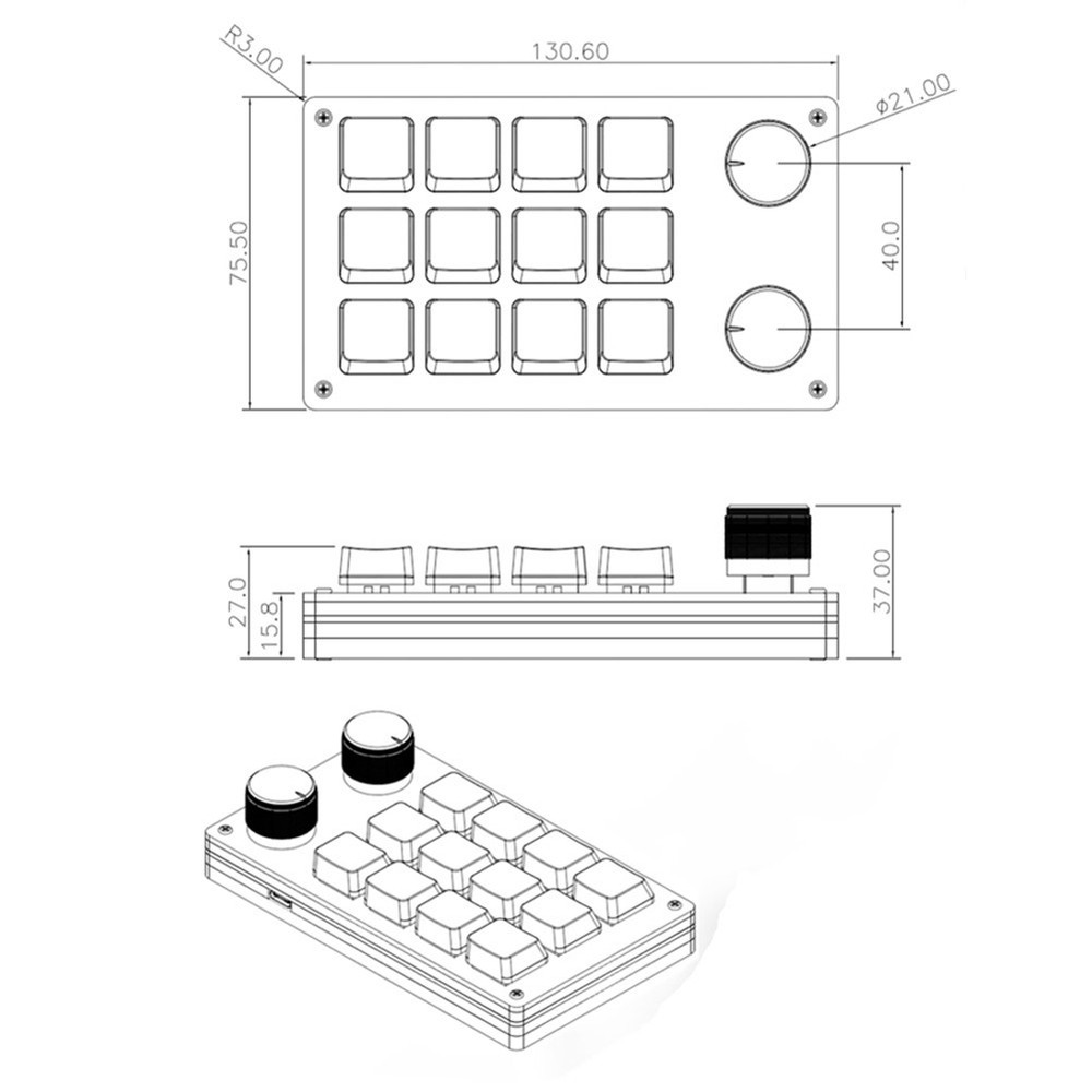 USB-C Mini 12 Keys+2 Knobs Mechanical Keyboard Programmable Keypad Driver-Free