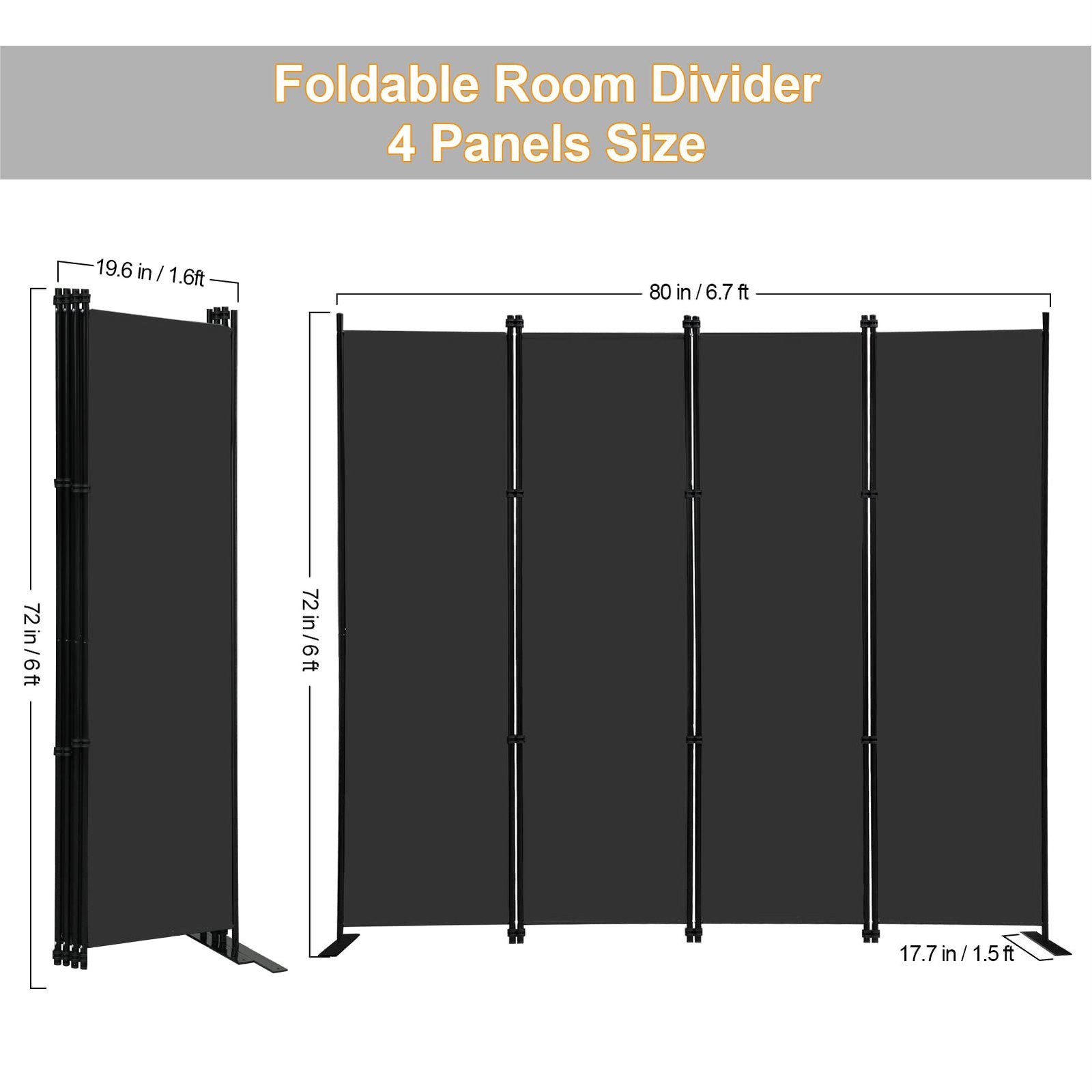 4 Panel Room Divider Screen 6Ft Tall Foldable Privacy Dividers Indoor Wall Pa...