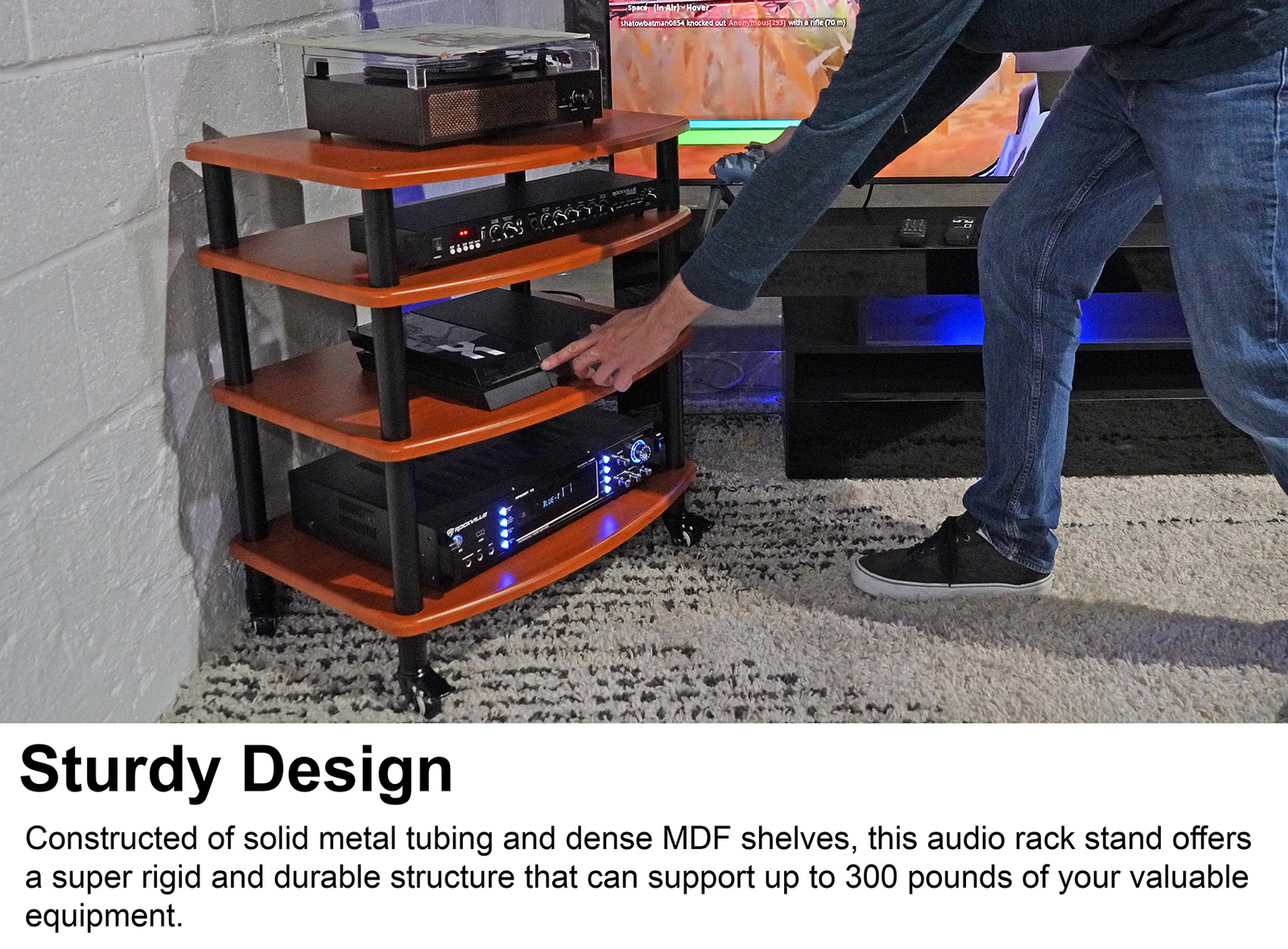 Rockville FLX Classic Wood Adjustable Height 4 Shelf Home Theater A/V Rack Stand