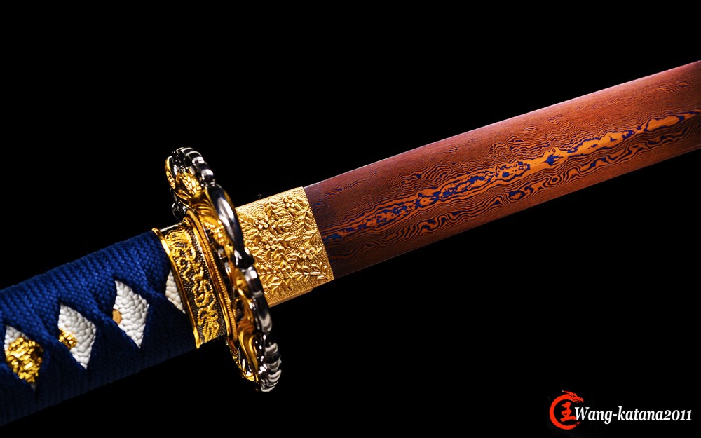 Red&Blue Damascus Folded Steel Katana Japanese Samurai Sharp Functional Sword