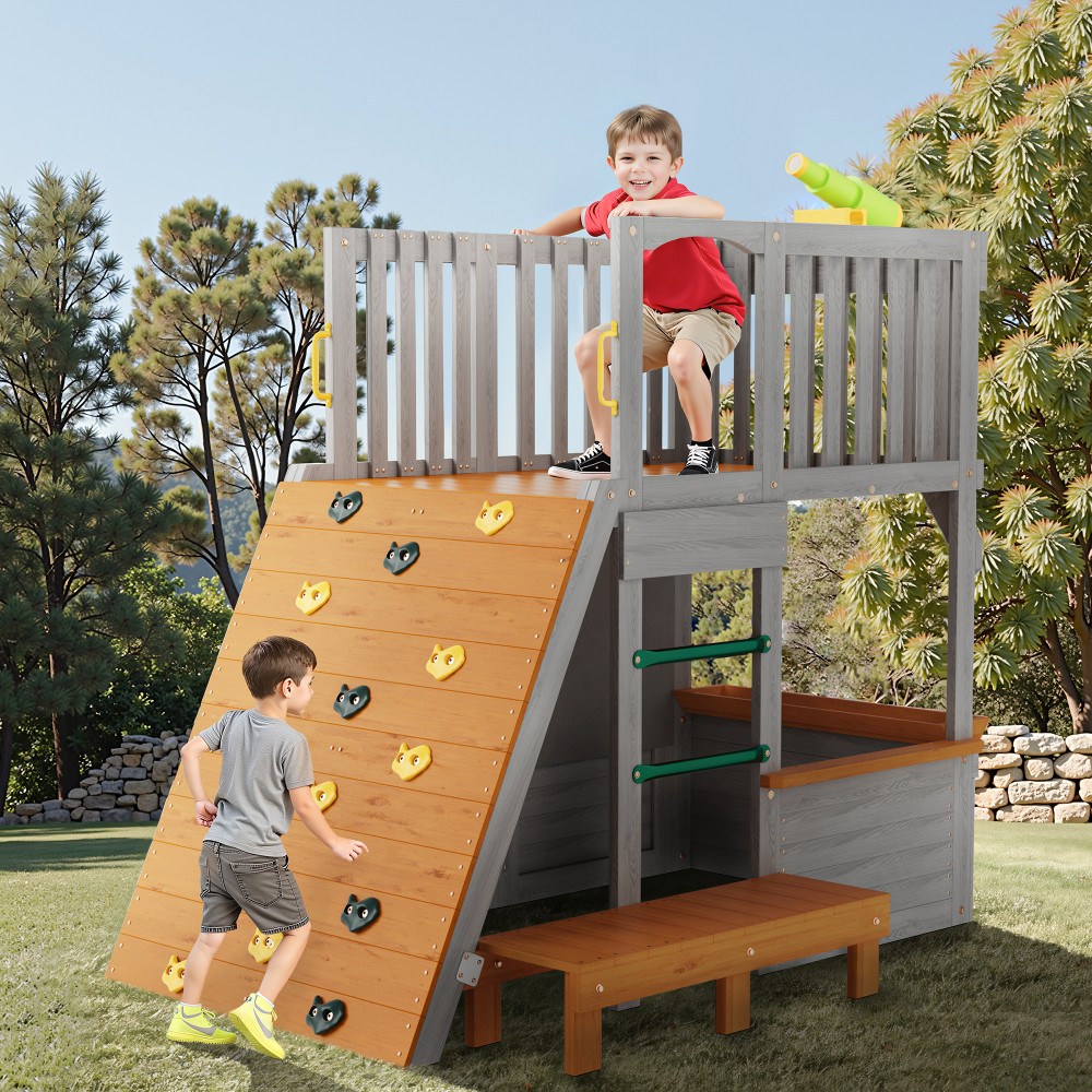 Wooden 2-Story Playhouse Tower with Telescope Ladder Ramp for Kids