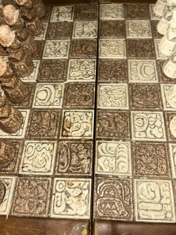 Vintage Unique Aztec Spanish Folding Chess Board Set Mexico Complete
