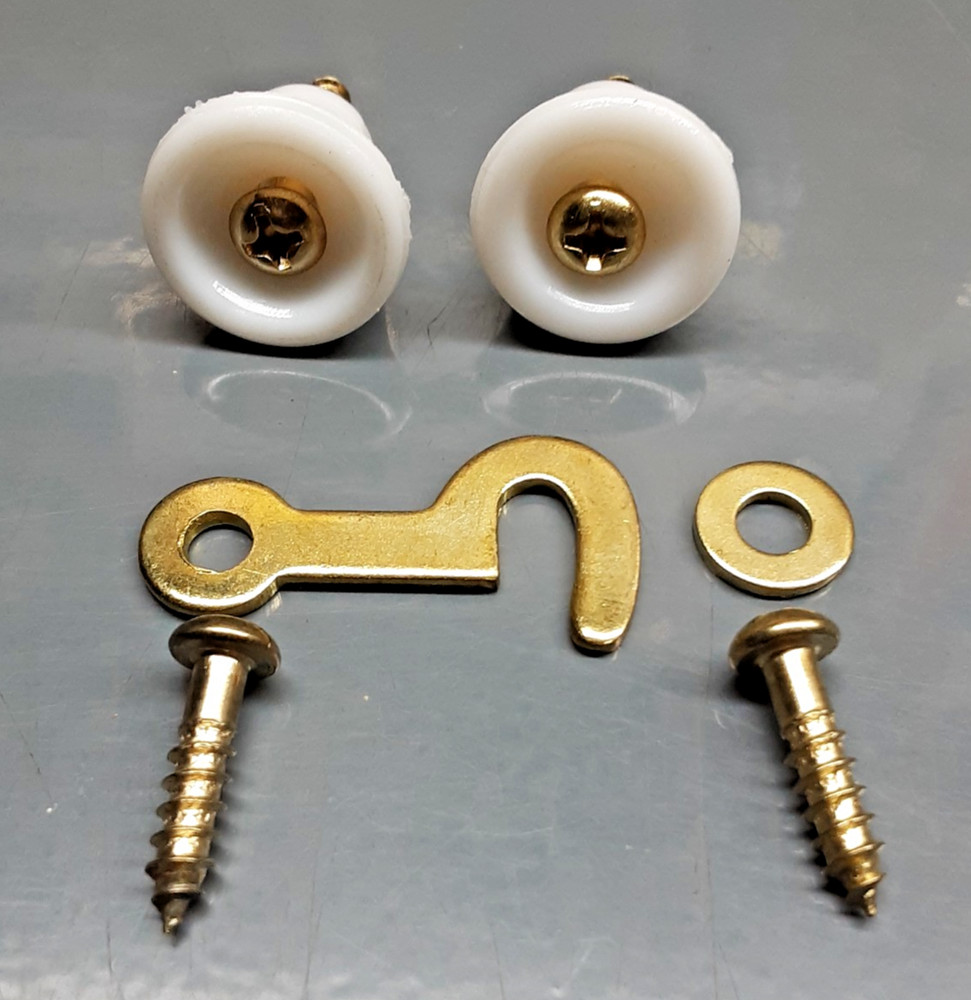 Drawer Knobs Pulls Pr. 3/4" Plastic Plus Brass Hook Latch & Screws, NOS Repro