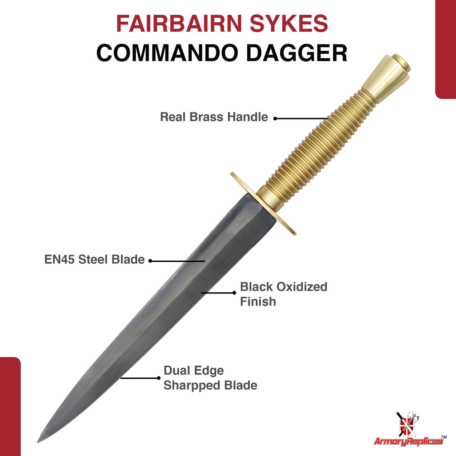 Fairbairn Sykes Commando Dagger 11" | WWII Style EN45 Steel Blade | Brass Handle