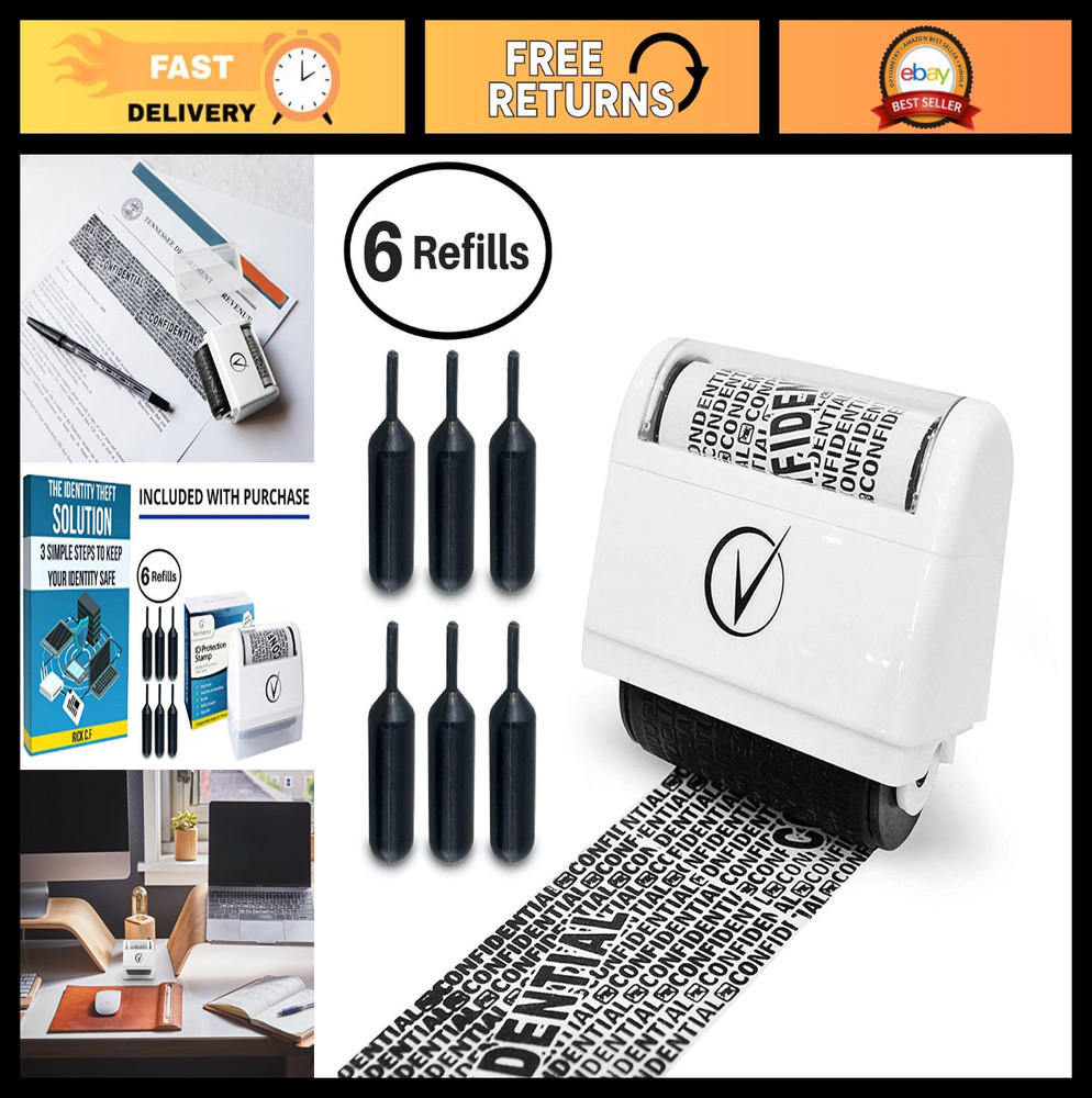 Identity Theft Protection Roller Stamp - Hide Sensitive Info, 6 Ink Refills, Sec