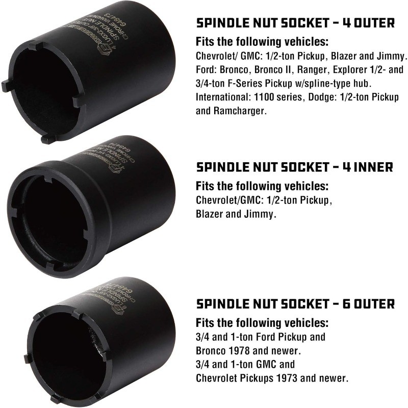 Spindle Nut Socket Tool Kit, 5 Piece, Remove Spindle Nuts Various Size Lug