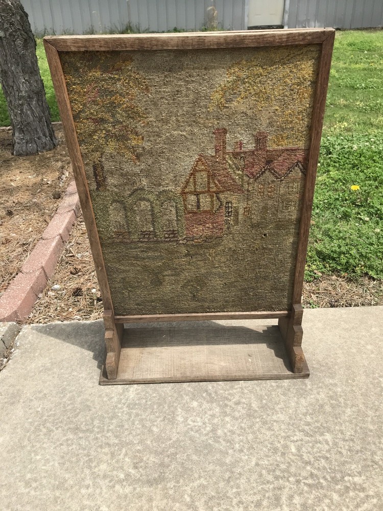 Antique Upright Fire Screen Needlepoint-Tapestry Panel Stand Primitive Tramp Art