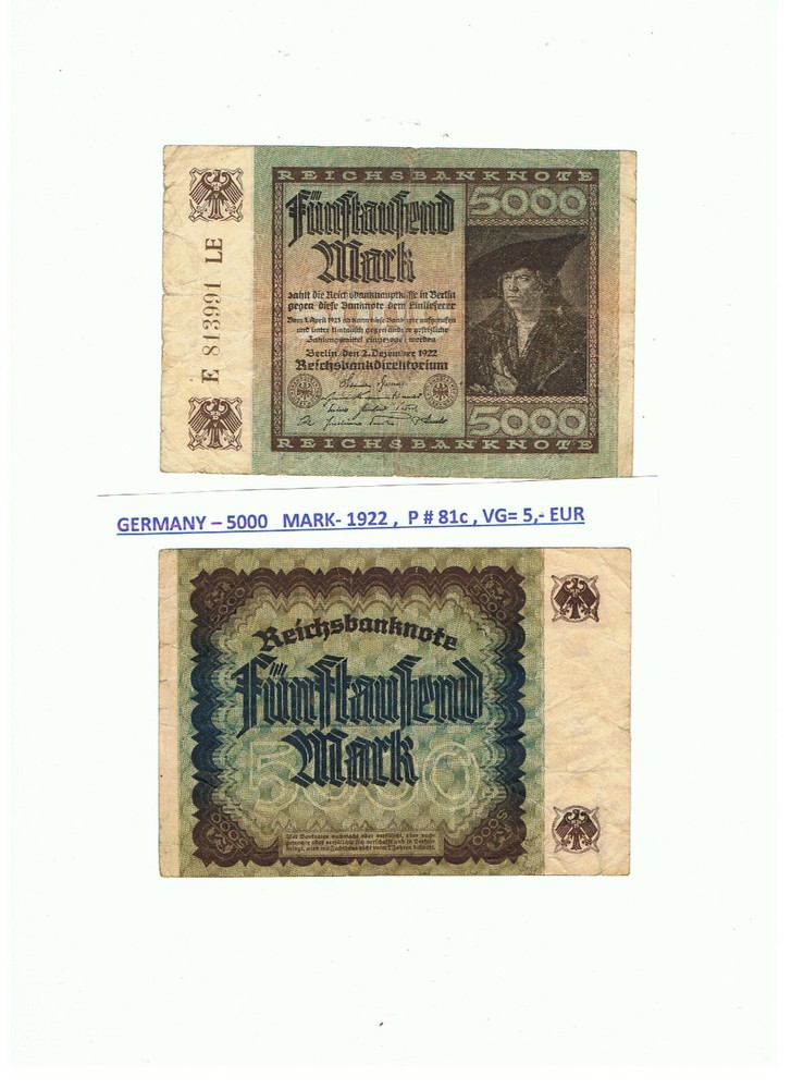GERMANY -5000 MARK-1922 , P # 81C , GOOD .