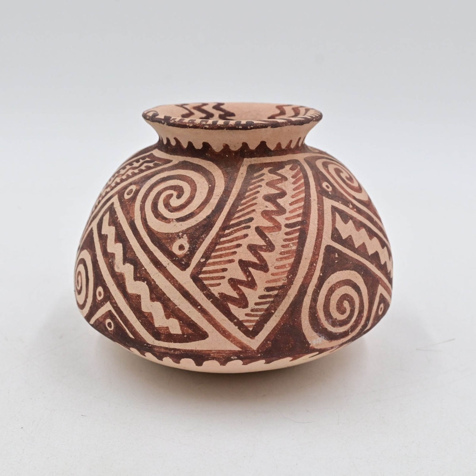 Olla Jar Vase with Stepped and Spiral Designs Native American Pottery