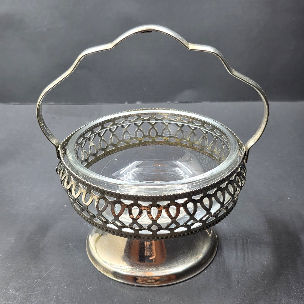 Sheffield Silver-plate Serving Caddy Basket with 4" D Glass Insert Vintage