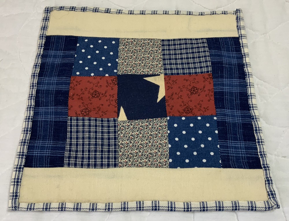Patchwork Mini Quilt, Teddy Bear Quilt, Nine Patch, Calico Prints, Blue, 9” X 9”
