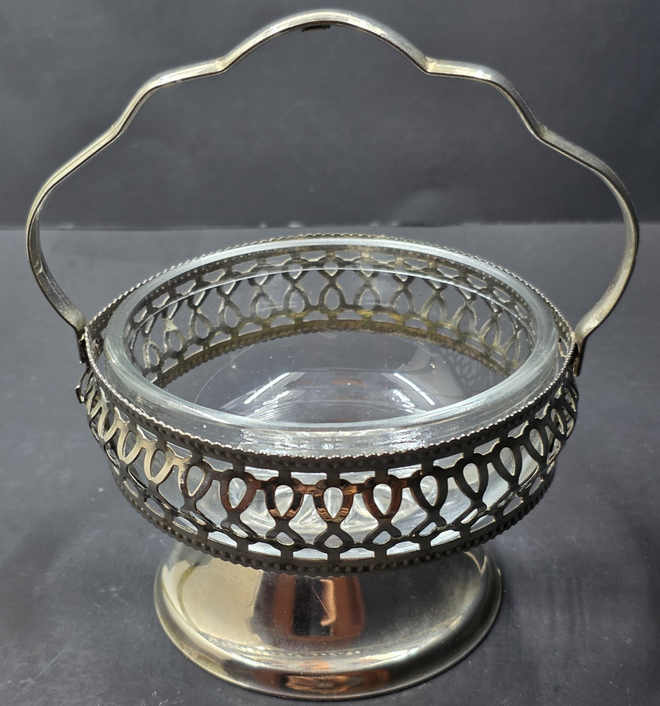 Sheffield Silver-plate Serving Caddy Basket with 4" D Glass Insert Vintage