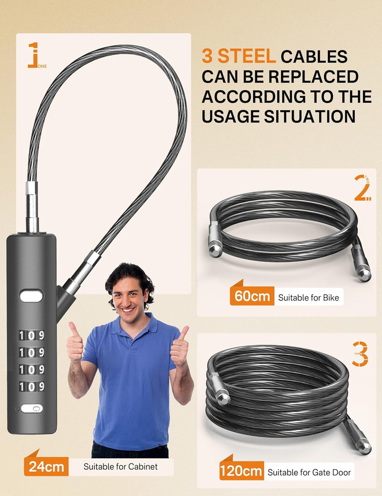 4-Digit Combination Cable Lock with 3 Steel Cables for Secure Protection