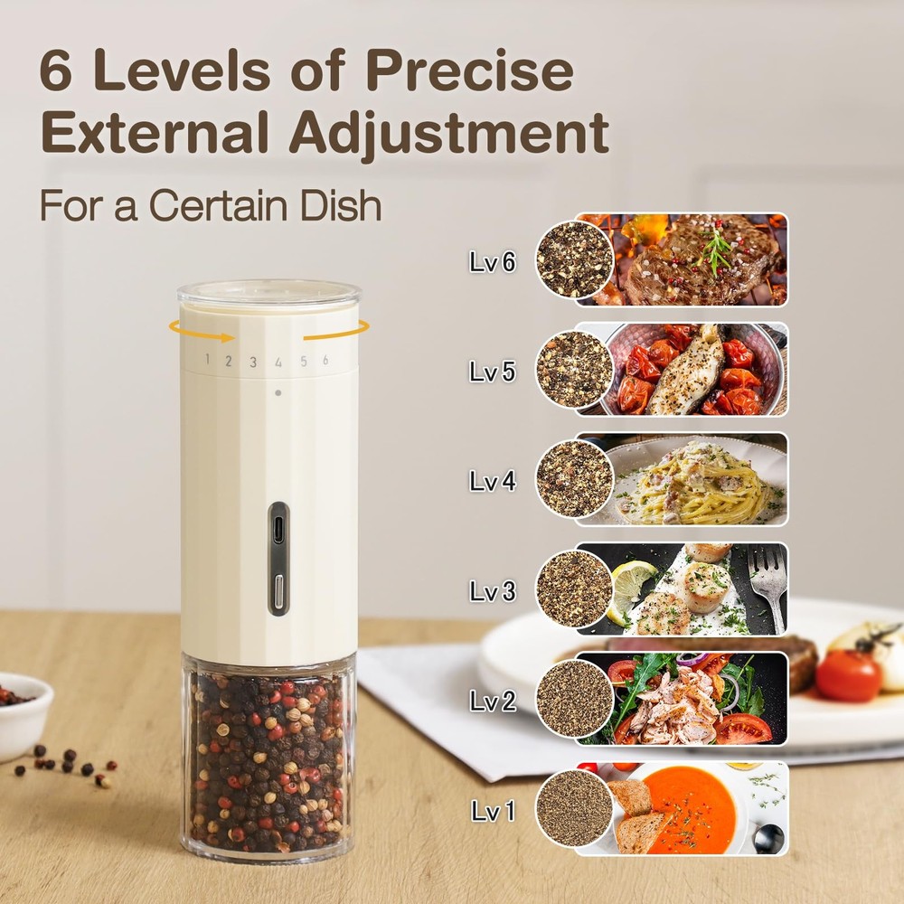 6 Level External Adjustable Pepper Grinder Rechargeable Salt Grinder -Quick C...