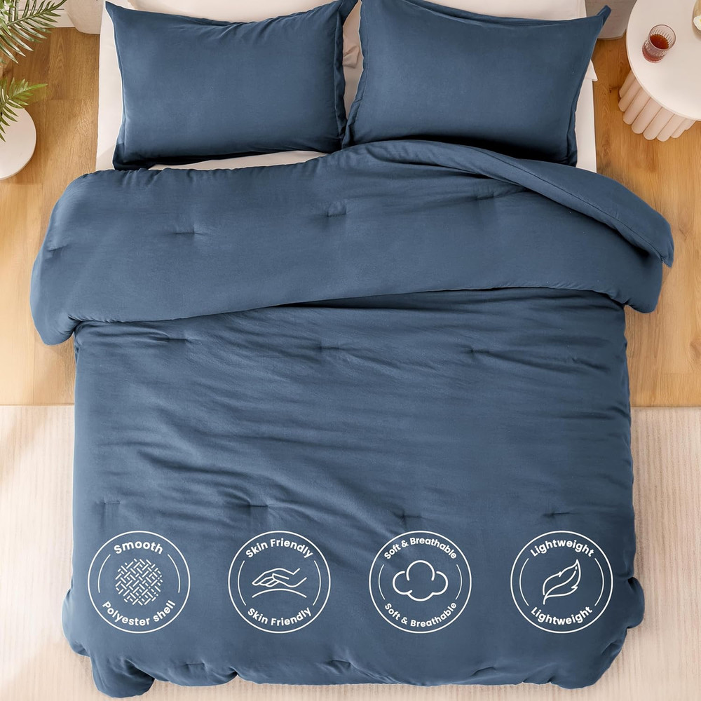 Navy Blue Queen Comforter Set, 3-Piece Prewashed Bed Set with 1 Comforter (90 X