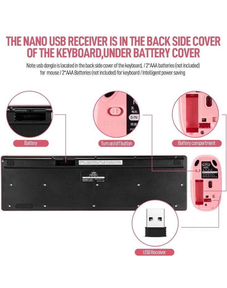 Wireless Keyboard and Mouse Combo, Full Size Compact Quiet Wireless Pink