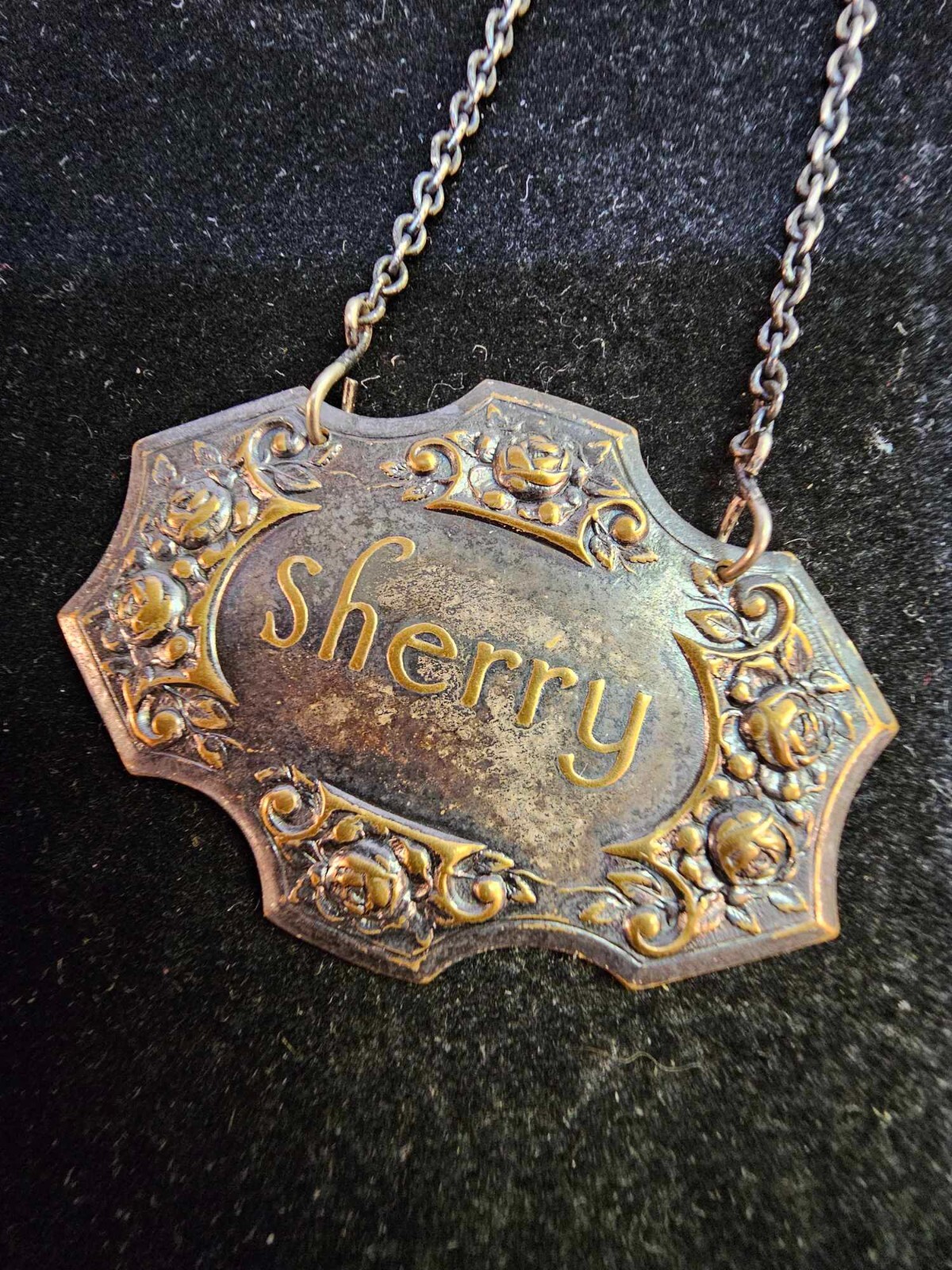 Victorian Sherry Decanter Label tag 2-tone gold silver 3D embossed rose flower