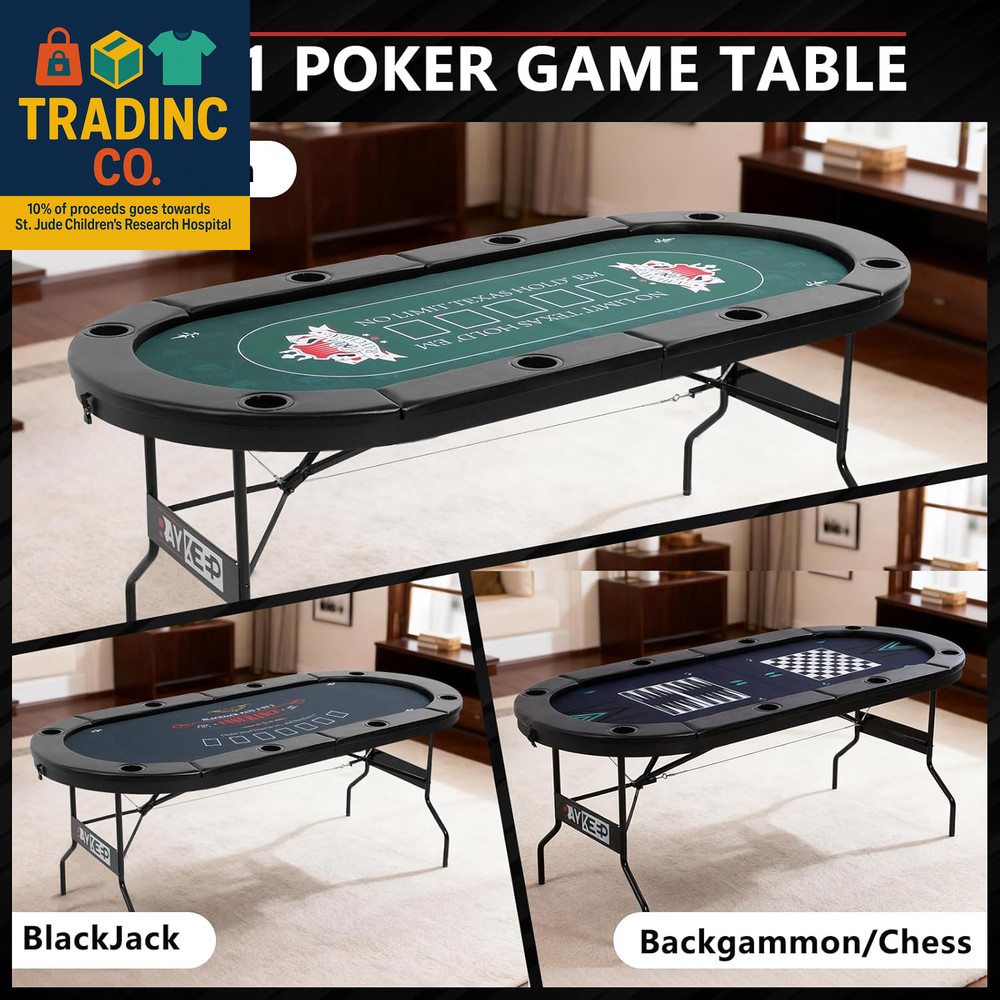 4-In-1 Poker Table Foldable, 8 Player Folding Poker Table W/Interchangeable Texa