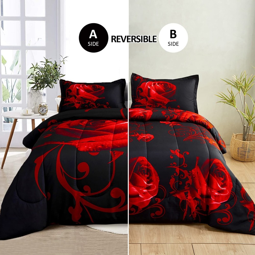 WONGS BEDDING Red Comforter Set King Reversible Red Rose Pattern Printed Bedd...