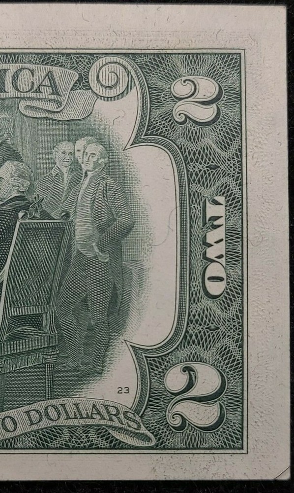 1976 $2 note alignment Shift over-inking error AU58 1 fold