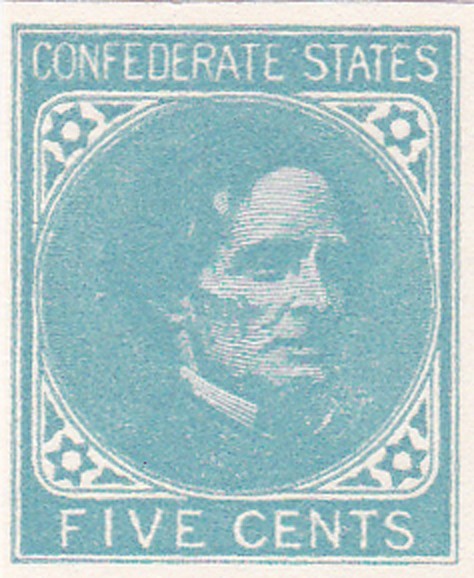 Confederate #6-U-1a Blue Ward Print Five Cent Stamp