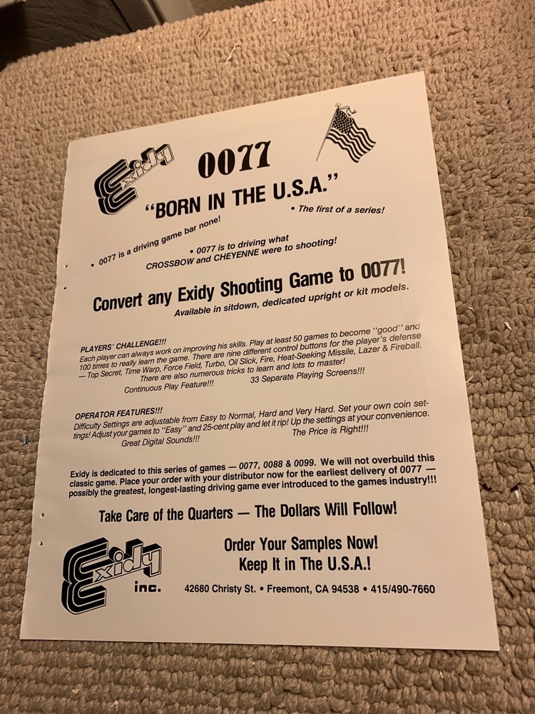 11- 8 1/4” 0077 Exidy  1986. arcade game AD FLYER